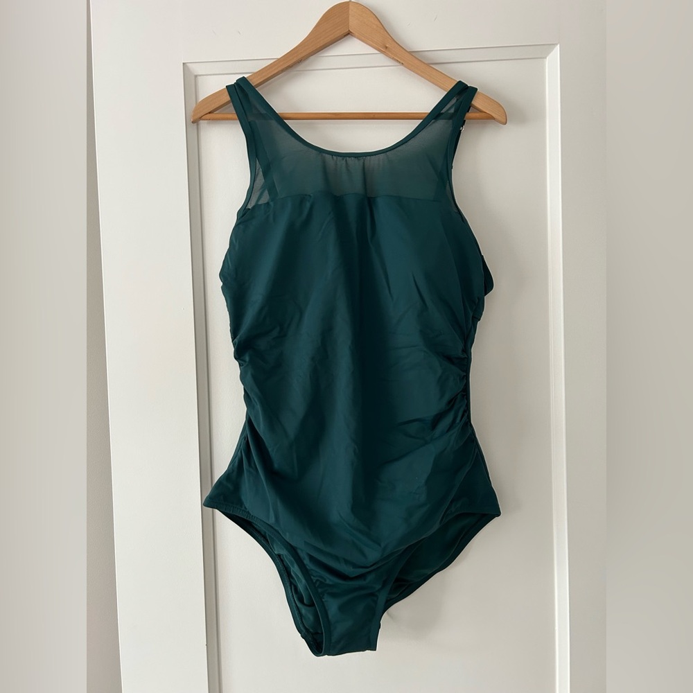 NWT Land’s End Smooth Control Mesh High Neck One Piece Swim in GREEN Size 14